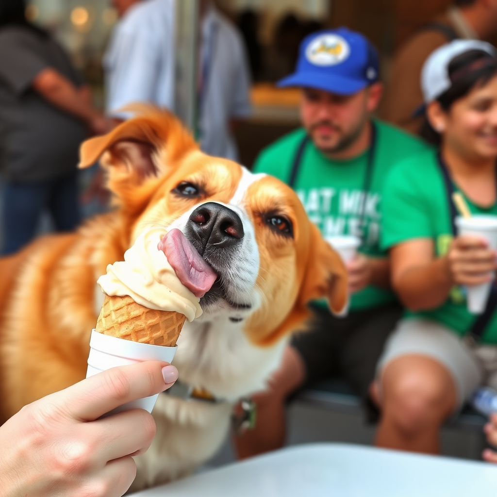 Dog licking everyone's ice cream cone