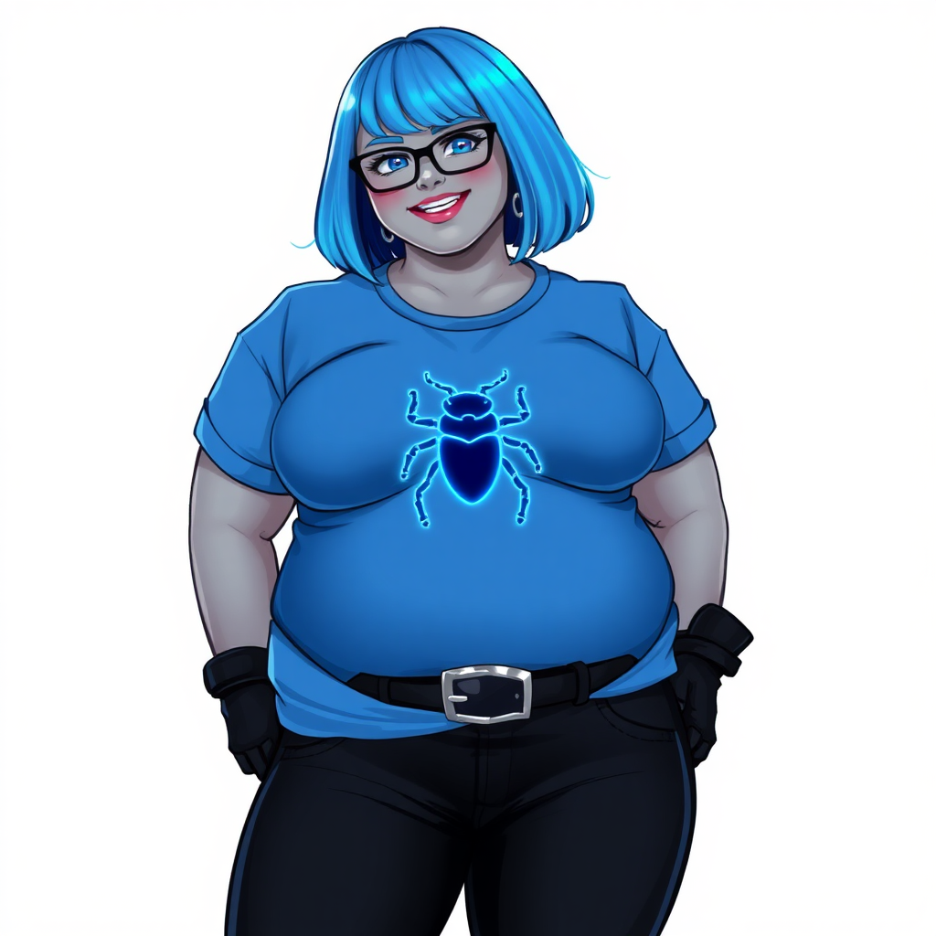 A 28-year-old, full-figured, metallic middle gray skinned computer program hybrid with a maximum blue bob cut. She has a non-athletic build, highlighted by a prominent, round, large midsection (with emphasis on her belly). As a digital sidekick, computer hacker, and nerdy girlfriend to her cyberpunk vigilante boyfriend, her middle gray metallic skin and maximum blue lipstick emphasize her digital nature. She wears a tight-fitting, maximum blue t-shirt (accentuating her large belly) with a neon blue glowing chest icon of a beetle, black pants, a black belt with a sapphire scarab buckle, and black gloves. Her bright blue eyes, black eyeglasses, and lovestruck smile with neon red blush accentuate her nerdiness. She stands bashfully with her hands behind her back, her t-shirt covering her midsection (especially her large belly) and emphasizing her full-figured, non-athletic physique. She is on a solid white background. She is drawn as if she was in a retro 2D cyberpunk fighting game. She is clearly non-athletic, with a focus on her full-figured physique. Ensure her t-shirt covers her midsection (especially her large belly).