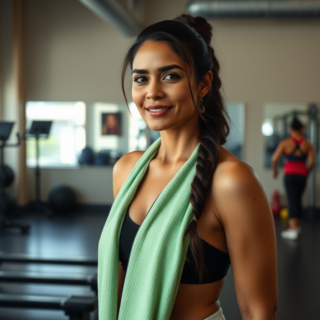 Indian wife, wearing towel, standing in gym