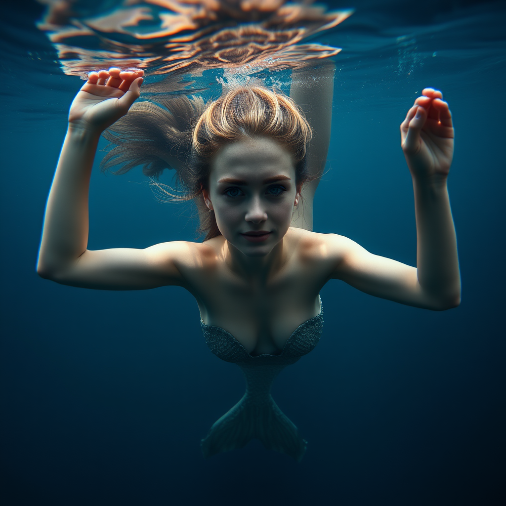 Mermaid floating underwater dark deep waters and dramatic lighting, crystal clear water her arms are up over her head stunning hd DSLR photography, she's facing the viewer looking down deeper into the water. intense and mysterious eye contact. Her tail trails elegantly behind her and delicate shimmering fish scaling trails up the sides of her torso. Her physique is long and lean from living underwater.