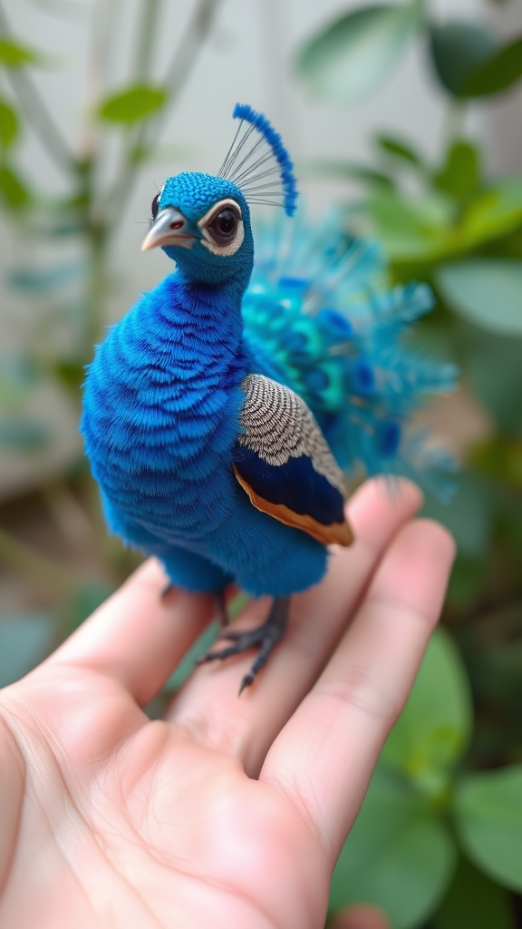 A small tiny cute chubby big eyes big perfect tail real blue dancing peacock on hand