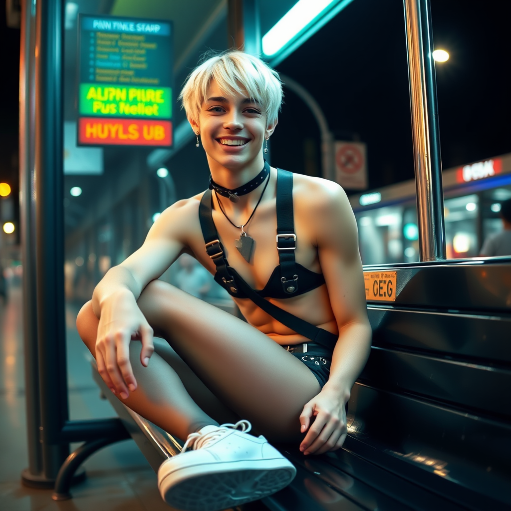 photorealistic, ultra high resolution, 16K, surreal fantasy, studio lighting, a pretty 16 year old goth boy, slim male physique, short blonde hair, goth makeup, earrings, pantyhose, harness, spikey dog collar and leash, trainer-bra, white ballet shoes, sitting on a bench at the bus stop, excited smile, facing the camera.