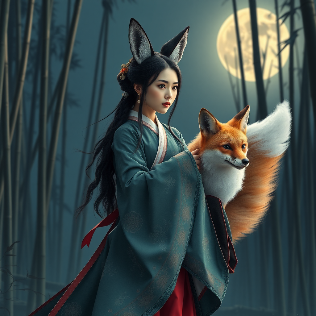 A Korean Woman in an ancient Hanbok, as a nine tail fox, in front the full moon in a bamboo forest