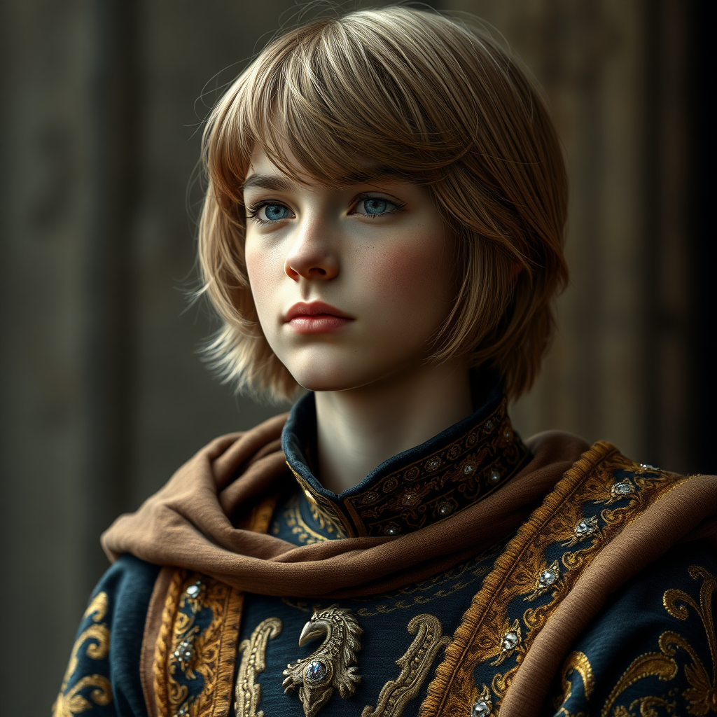 16yo teen boy prince, long bob cut, embroidered with gold and diamonds medieval cloths. photorealistic, ultra high resolution, 16K,