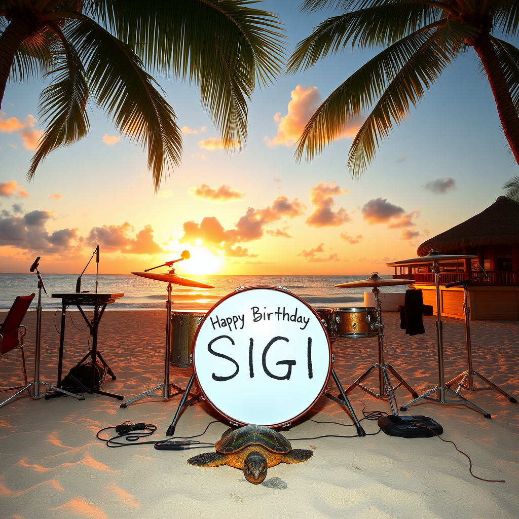 Drumset on beach with Palms and bar, white bassdrum spelling the words "Happy Birthday Sigi" sunset, turtle