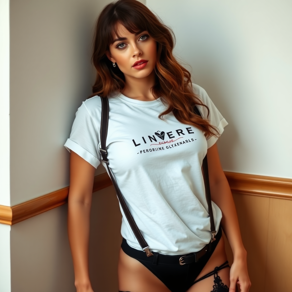 a lingerie model wearing traditional stockings and suspenders - she is also wearing a loose white t-shirt with a lingerie brand logo on the front