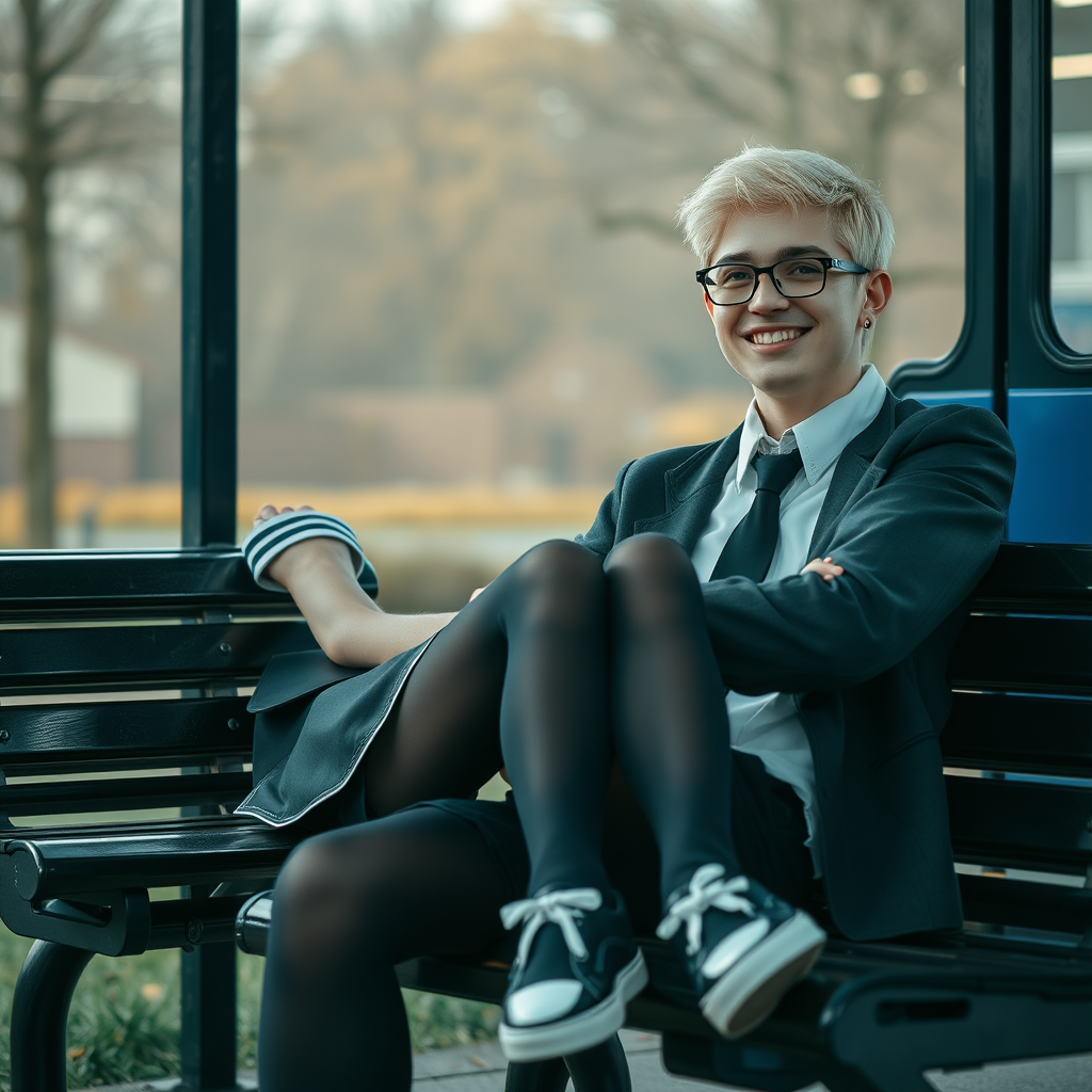 photorealistic, ultra high resolution, 16K, surreal fantasy, soft studio lighting, a pretty 18 year old goth male, slim male physique, short blonde hair, black glasses, goth makeup, earrings, shiny black pantyhose, UK girls-school uniform, Mary-Jane shoes, sitting on his boyfriend's lap on a bench waiting for the school bus, in daylight, excited smile, facing the camera.