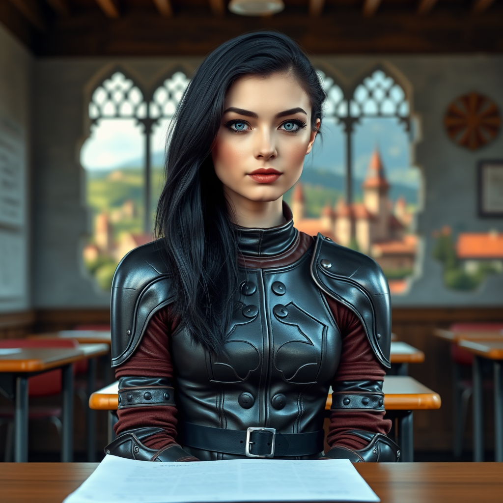 beautiful young woman, dark hair past her shoulders, blue eyes, small, slim figure, wearing full leather armor suit, sitting in a school classroom at student desk with the wall missing with a beautiful medieval village in the background.