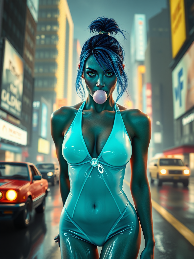 Megan Fox mixed Victoria's Secrets, inside in a Grand Theft Auto city, white gelatins floating, blue hair, green eyes neon, mouth closed with a sarcastic expression of irony little pink gum ball in mouth, using gelatin swimsuit translucent metallic, front posing, full body view, Image 9:16 Resolution HD High Quality