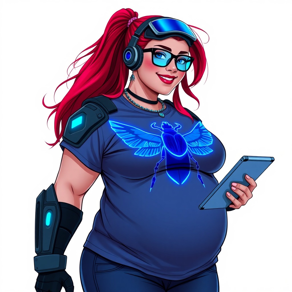 A cyberpunk vigilante’s full-figured intelligent and tech-savvy 29-year-old girlfriend, who is a computer hacker and tech genius. She has a long ruby red ponytail and bright blue eyes. She wears a sapphire beetle gemstone necklace, and an armored, oversized, Maximum Blue (RGB 71, 171, 204) t-shirt featuring a giant neon blue glowing chest icon of a winged beetle. She has a full-figured physique with a prominent, gargantuan, round midsection, reflecting her well-cared-for lifestyle. The midsection is heavily emphasized. She sports a sapphire headset with hi-tech Maximum Blue (RGB 71, 171, 204) lensed HUD visor, Maximum Blue (RGB 71, 171, 204) lipstick, black eyeglasses, and a beaming smile with a passionate bright red blush. Despite her figure and a lack of self-esteem, she radiates an air of beauty. She has an angular face which contributes to her radiant beauty. She serves as his tech expert from his hideout, holding a holographic tablet and a hi-tech tool wrench. The background is solid white. She is drawn as if she was in a retro 2D cyberpunk fighting game.