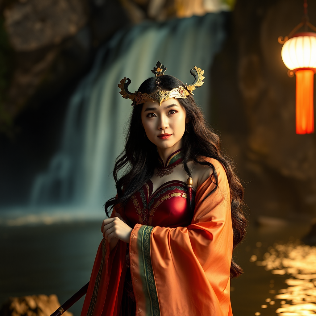 The Wonder Woman in Hanfu, the Chinese mythological figure Chang'e wearing JK costume, A magazine-like photograph, nikon 500, of a waterfall right at night time