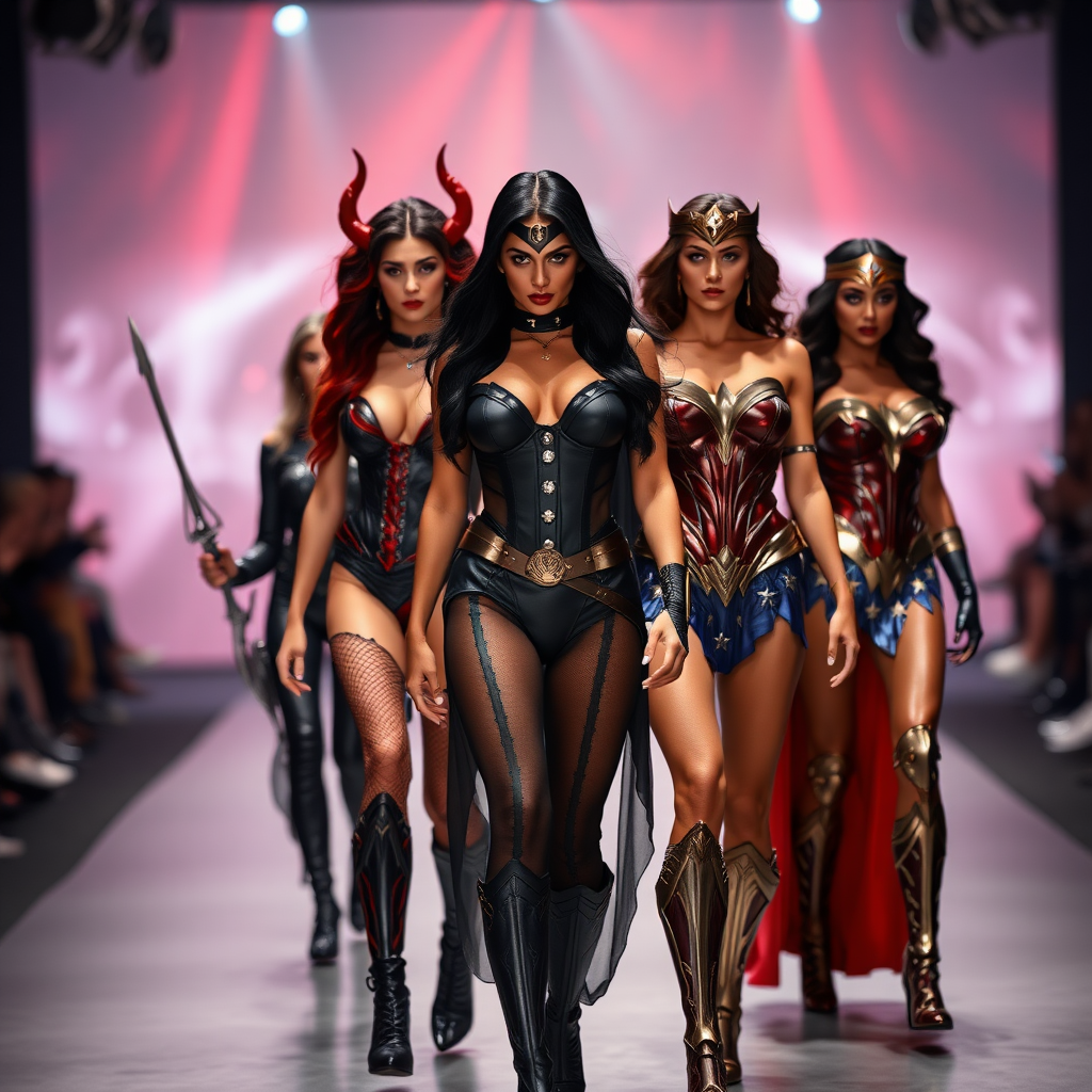 Witchblade, Vampirella, Dejah Thoris and Wonder Woman facing the viewer on a fashion runway HD DSLR Photo