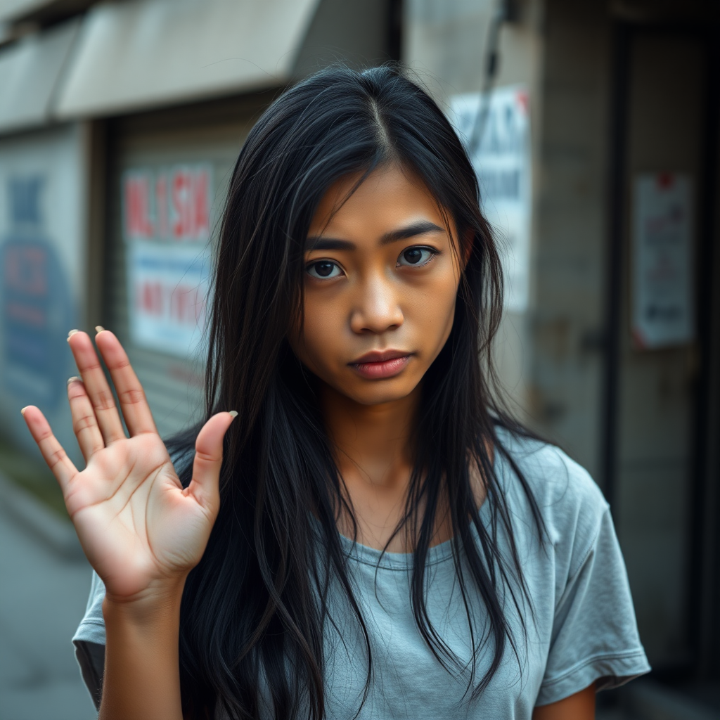 A very mysterious and very pretty, sad and homeless, about 30 years old, healthy, young-at-heart Asian woman with a very dark skin color and with a T-shirt and long, deep black hair and very typical and black Asian eyes, is very ashamed to look me in the eye and waves to me very embarrassed.