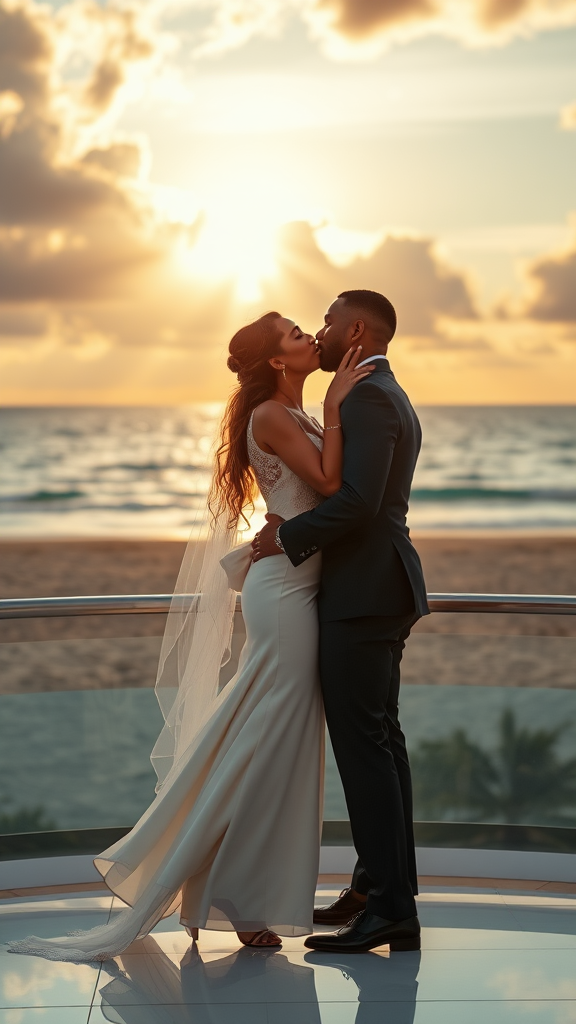 In the background, Meg Rain and Will Smith elegantly dressed, she heels and he patent leather shoes, he passionately kisses the bride, in the background the sea with a beautiful beach, sunset sky with the sun's rays with clouds. 16K ultra-high definition.