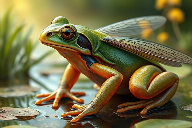 Create a full-length photorealistic image of a frog that incorporates the musculature and silhouette of a horsefly while retaining its head intact, showcasing its facial features. The frog's skin should display a vibrant, glossy texture, while the body showcases a mix of frog skin and horsefly fur. In the background, blend elements inspired by both the natural habitat of frogs, like a lush pond, and the environment typical for horseflies, such as sunlit meadows. The scene should unify these two diverse ecosystems, creating a harmonious yet intriguing setting.