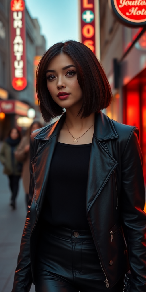 Walking through the red light district

her face beautiful, with prominent cheekbones. dark eyes. dark brown hair, is styled in a sleek chin-length bob.

She wears black thigh high boots.