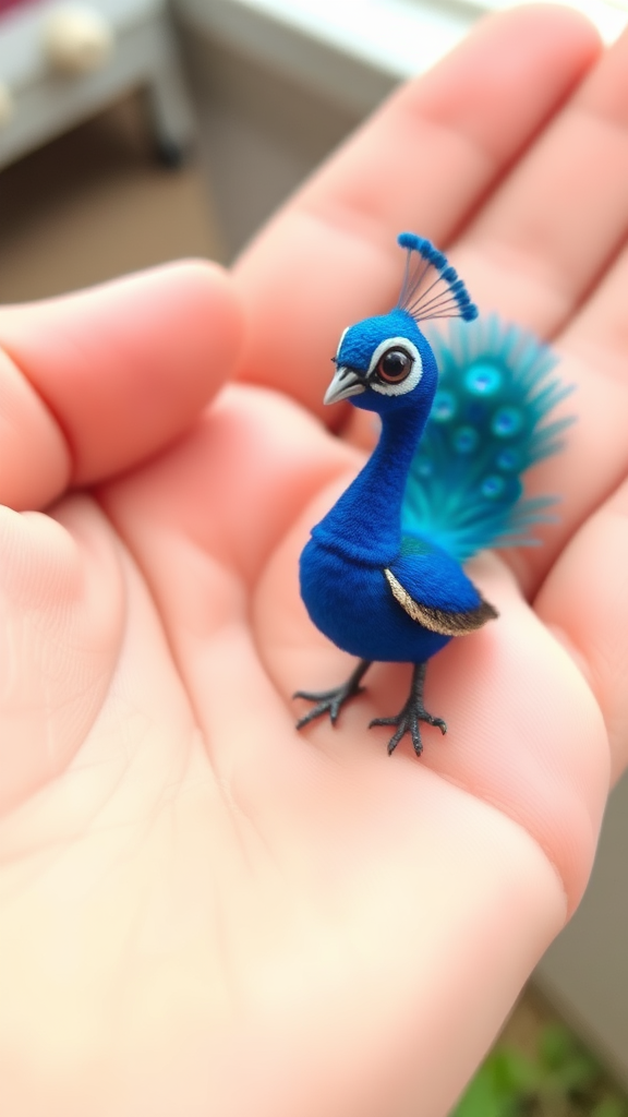 A small tiny cute big eyes big tail real blue dancing peacock on hand