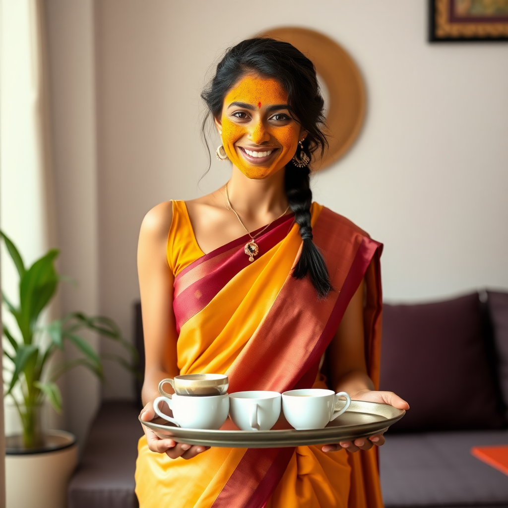 slim, 30 year old, sexy, indian wife, saree, turmeric face mask. She is smiling and serving coffee on a tray to guests.