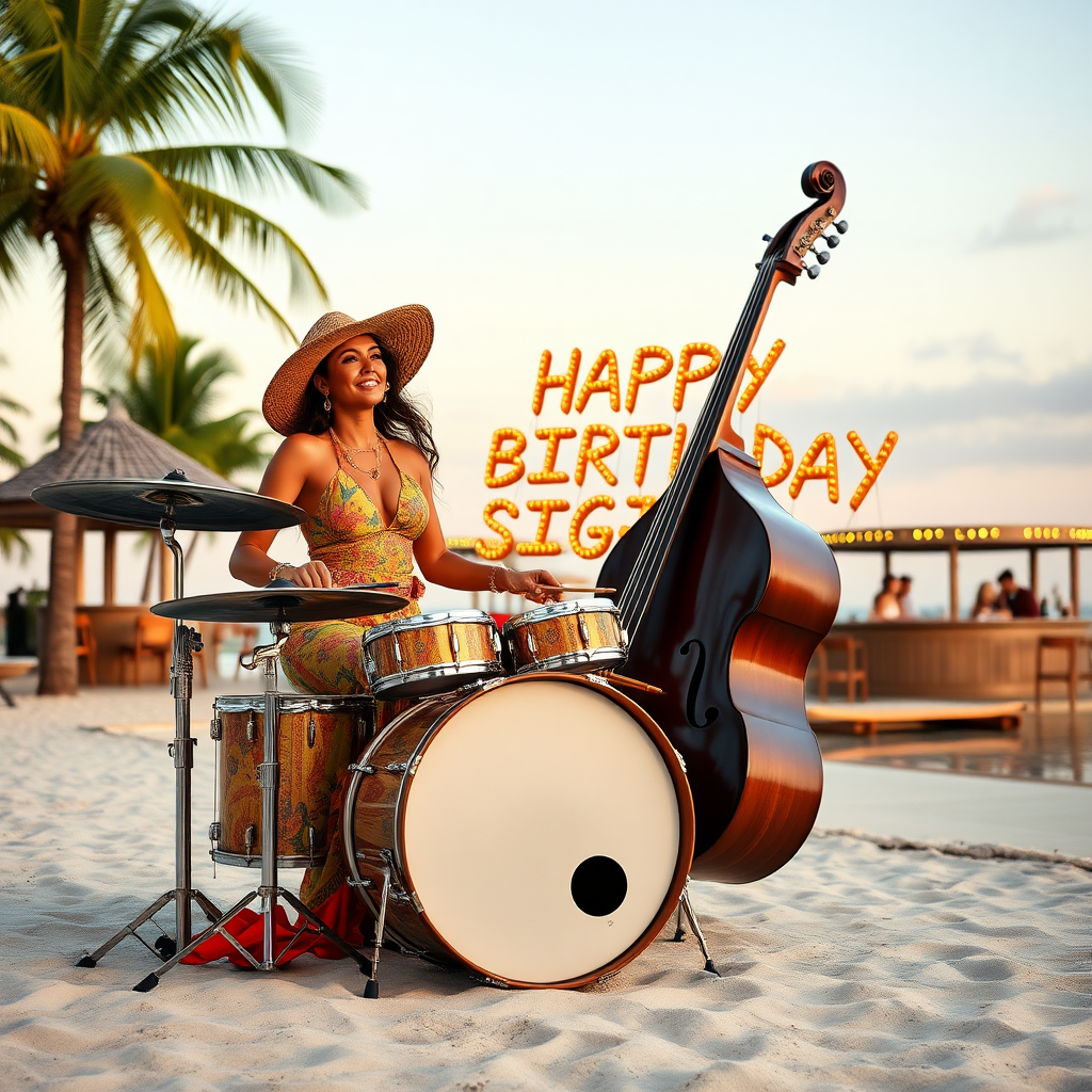 Latin Lady sitting on Drumset on beach with Palms and bar, Doublebass spelling the words "Happy Birthday Sigi"