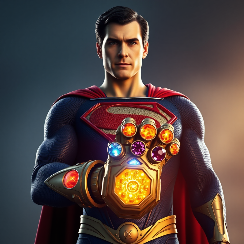 Superman wears the infinity gauntlet with 5 infinity stones. Cinematic Real3d photo-realistic quality.