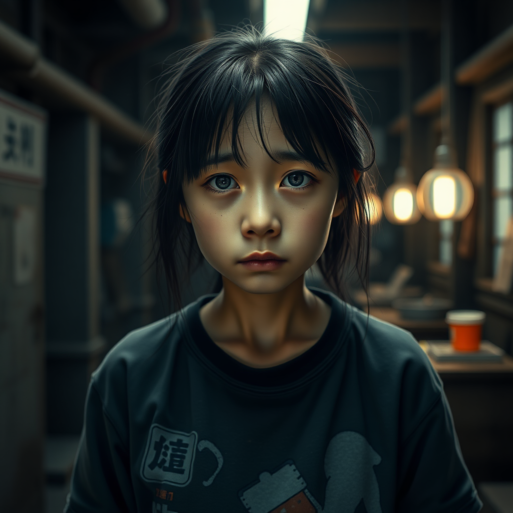 A very sad and hungry Japan Twen Girl with a very old T-Shirt in a very dark old and mystery Factory