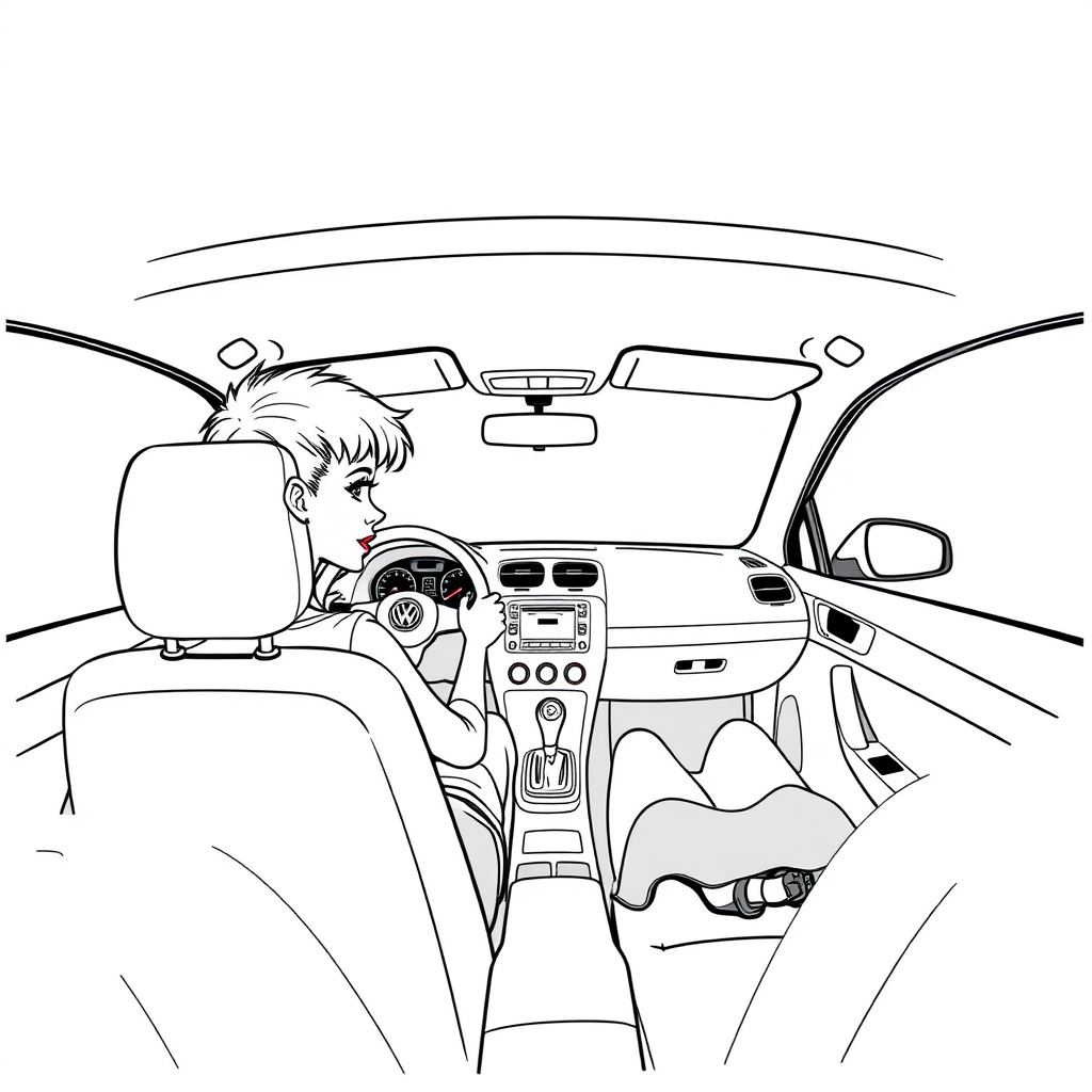 inside view of a VW Polo V from the front passenger seat point of view, looking at the driver seat from the side, pixie haircut woman driving, skirt, she is looking at the viewer over her shoulder, long establishing shot, 2D, caricature, cartoon, Sketch lines, coloring book, coloring book style on white background, well composed, clean coloring book page, No dither, no gradient, strong outline, No fill, No solids, vector illustration, side view, vector illustration, movement lines, from above