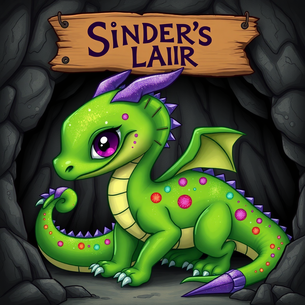 A green dragon with rainbow sparkly spots and purple skin and eyes but no horns in a dragon cave with a sign above it that says "Sinder's Lair"