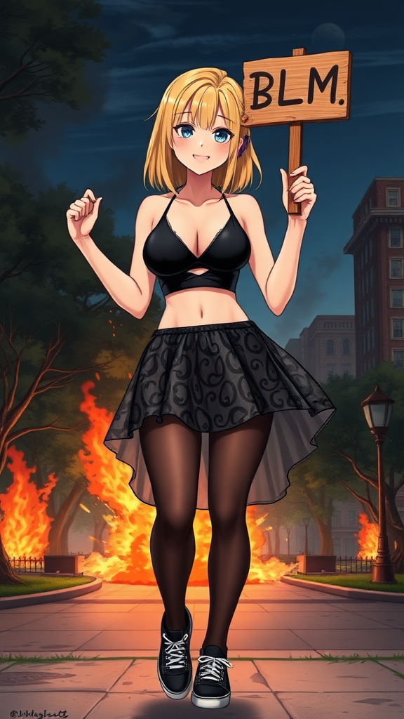 Anime art of a woman, medium blonde hair, a black, sleeveless crop top that reveals the woman's black bra and a high-waisted, wicked smile, large breast, patterned transparent mini skirt that showcases a mix of black and white colors. She is also wearing black sheer tights and black sneakers with white laces, holding a wooden sign in 2 hands which says "BLM" in air. Park and 1 building on fire at night from riots background, explosion ripping off her skirt completely showing her black-laced underwear underneath it all.