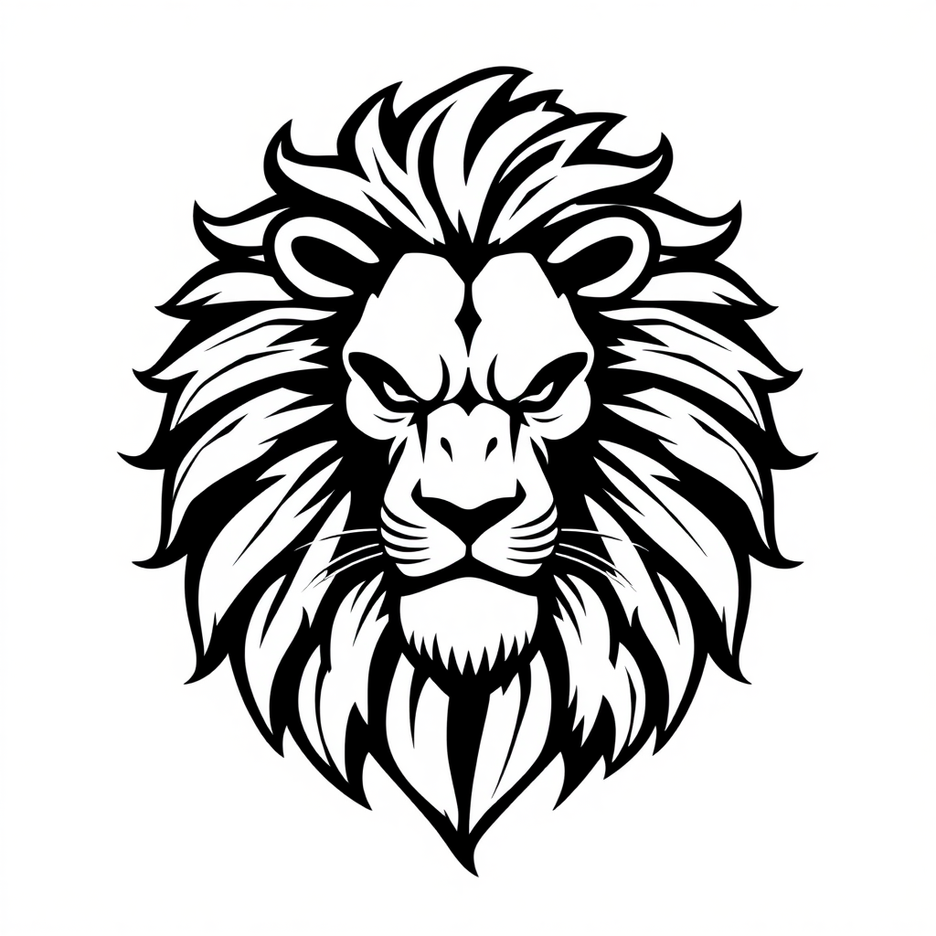 Create a logo design of a stylized lion, illustrating a majestic and powerful expression. The lion should be drawn in black against a light background, highlighting its voluminous and intricately detailed mane. The artistic style of the illustration should convey strength and courage, making it suitable for use as part of a sports uniform or branding.