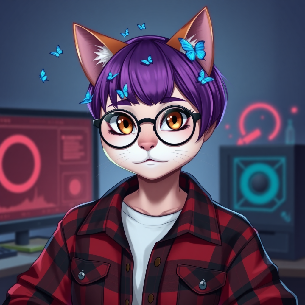 female lesbian cat-man flat chest serious chestnut color with small blue butterflies on her head, a round head, with a purple UNDERCUT hairstyle, hazel eyes, dimples on her cheeks, chubby cheeks, wearing semi-round glasses, a red and black plaid shirt open with a white t-shirt, in front of a desk with a gaming PC, in digital art