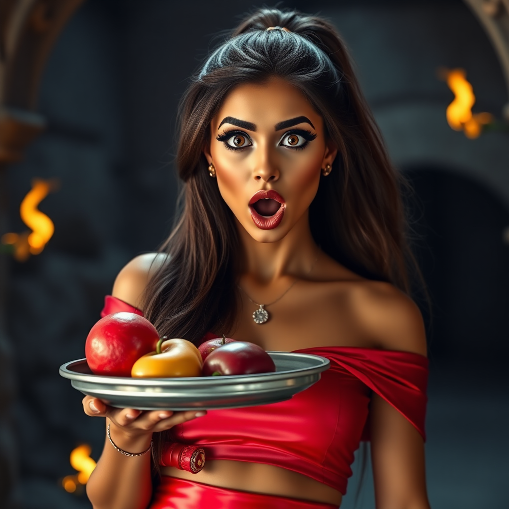 realistic photo of a surprised Arabian model with mouth open. She has very large eyes, black eyeshadow, black eyeliner, fake eyelashes, very tanned skin, very long hair. very high ponytail, she look likes princess jasmine, shinny red off shoulder crop top. photo realistic. She holds a metal tray with fruits just above her waist. crop top, shinny red skirt. full body view. shinny red pencil skirt. dungeon with fire torches in the background.