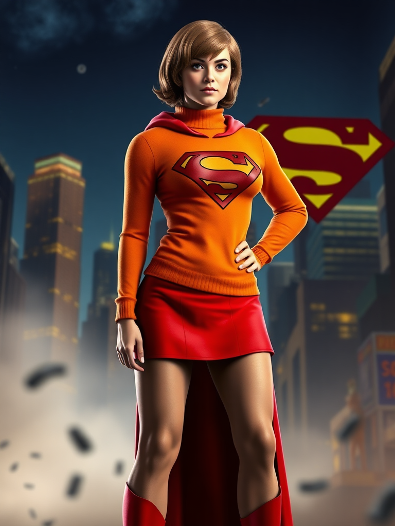 Generate a full-length photorealistic image of a composite character combining Velma Dinkley and a male body type similar to Superman. Retain Velma’s head, hairstyle, and facial features while adapting her iconic orange turtleneck sweater and red skirt to fit the new physique. Sculpt the male body to reflect Superman’s muscular build. Design the background to blend elements from both characters’ universes, merging the mystery of Scooby-Doo with the heroic essence of Metropolis. The final image should showcase this unique character in an engaging pose, highlighting the fusion of styles and themes.