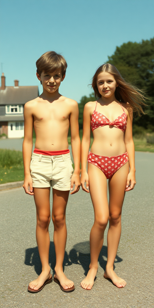 A vintage photo, 1970s. A skinny 14yo teen boy and girl. British. Long legs, bare thighs. Hot summer. Full length view.