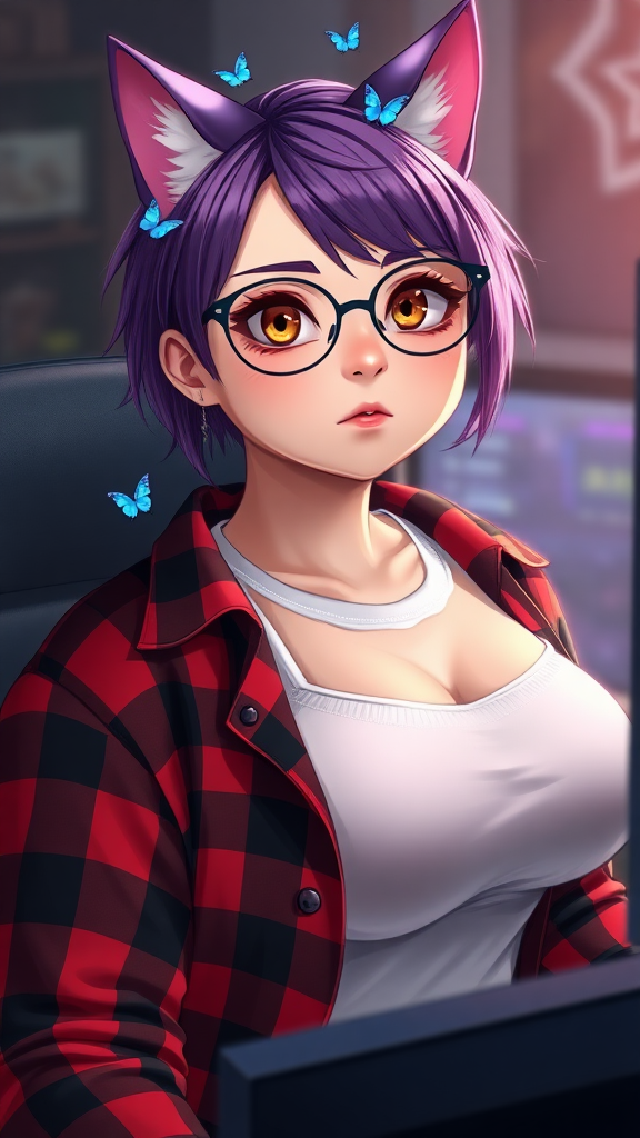 female lesbian cat-man with a large bust, 90E, no makeup, serious with little blue butterflies on her head, a round face, with a purple undercut hairstyle, hazel eyes, dimples on her cheeks, chubby cheeks, wearing semi-round glasses, a red and black checkered shirt open over a white t-shirt, in front of a gaming PC, in digital art