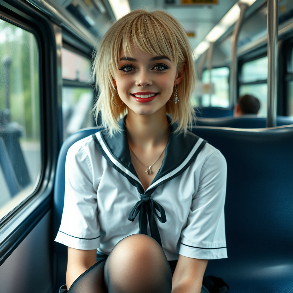 photorealistic, ultra high resolution, 16K, surreal fantasy, soft studio lighting, a pretty 18 year old goth male, slim male physique, short blonde hair, goth makeup, earrings, sheer black pantyhose, UK girls-school uniform, Mary-Jane shoes, sitting in the school bus, excited smile, facing the camera.