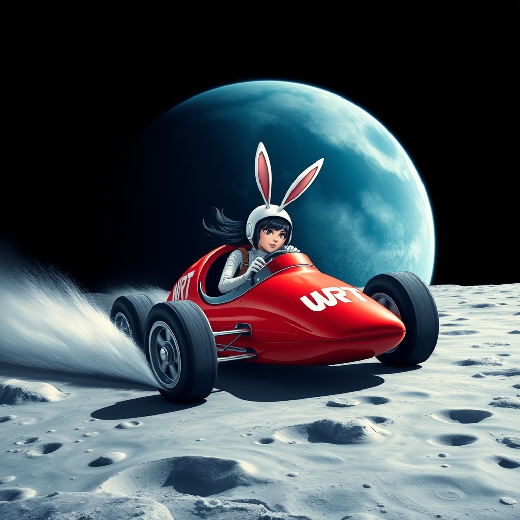 On the surface of the moon, dotted with many craters, a red lunar racer is speeding by. The racer is marked with "WRT," and a black-haired beauty racer, wearing a racing helmet with upright white rabbit ears, tightly grips the steering wheel. The background features a massive blue Earth.