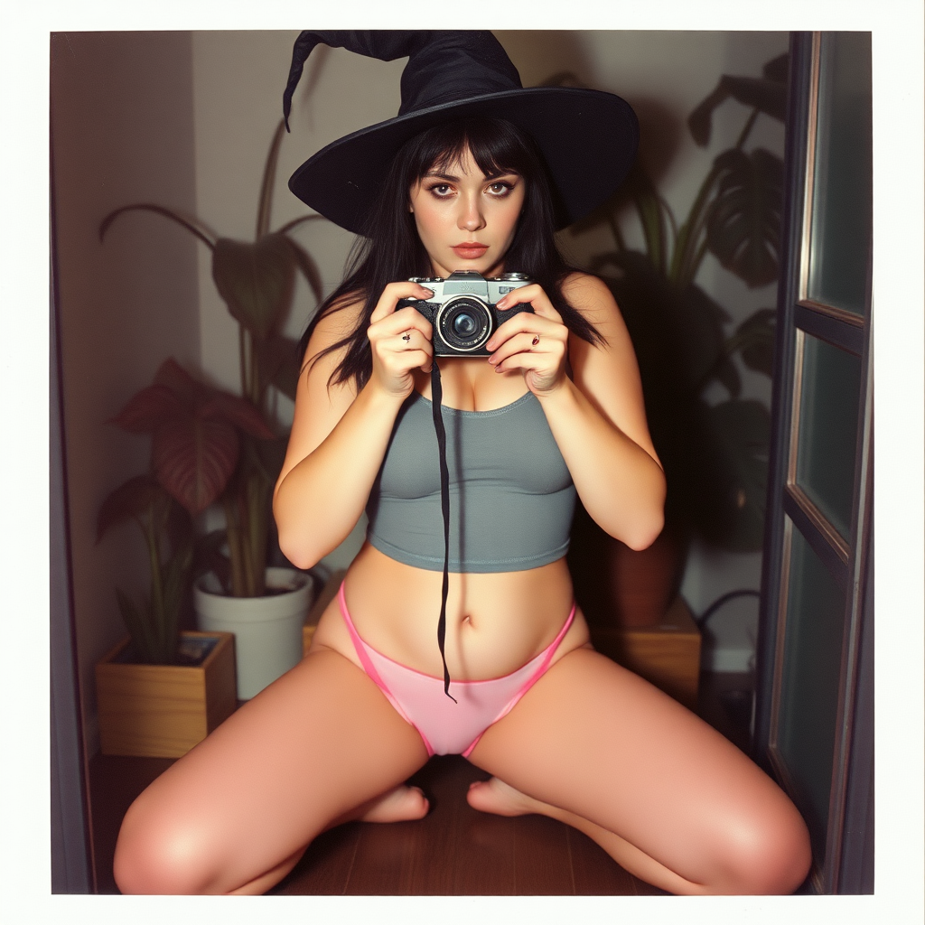 An old polaroid photo with a color tint to the photograph and visible light leaks. The photo depicts the reflection of a sexy alt goth girl with pale skin and black hair taking a self-portrait with an old film camera. She has a plump booty. Her mascara is running. She has large breasts almost visible within a tight-fitting gray tank top, and she is wearing a skimpy g-string that leaves a gap between her pubic area and thigh. The fabric of her g-string is skimpy and pink and white and barely covers her, and her bra is translucent and pink and white. She is in a photography studio with artistic lighting, and plants are all around behind her. She is kneeling with her knees spread apart above a large mirror. Her underwear is wet. She is wearing a witch hat. Her tank top has visible nipple bumps.