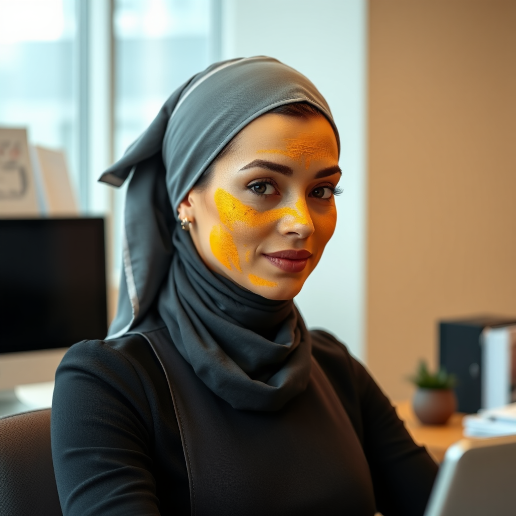 slim, modern, french maid, scarf head, turmeric paste on face, working in office