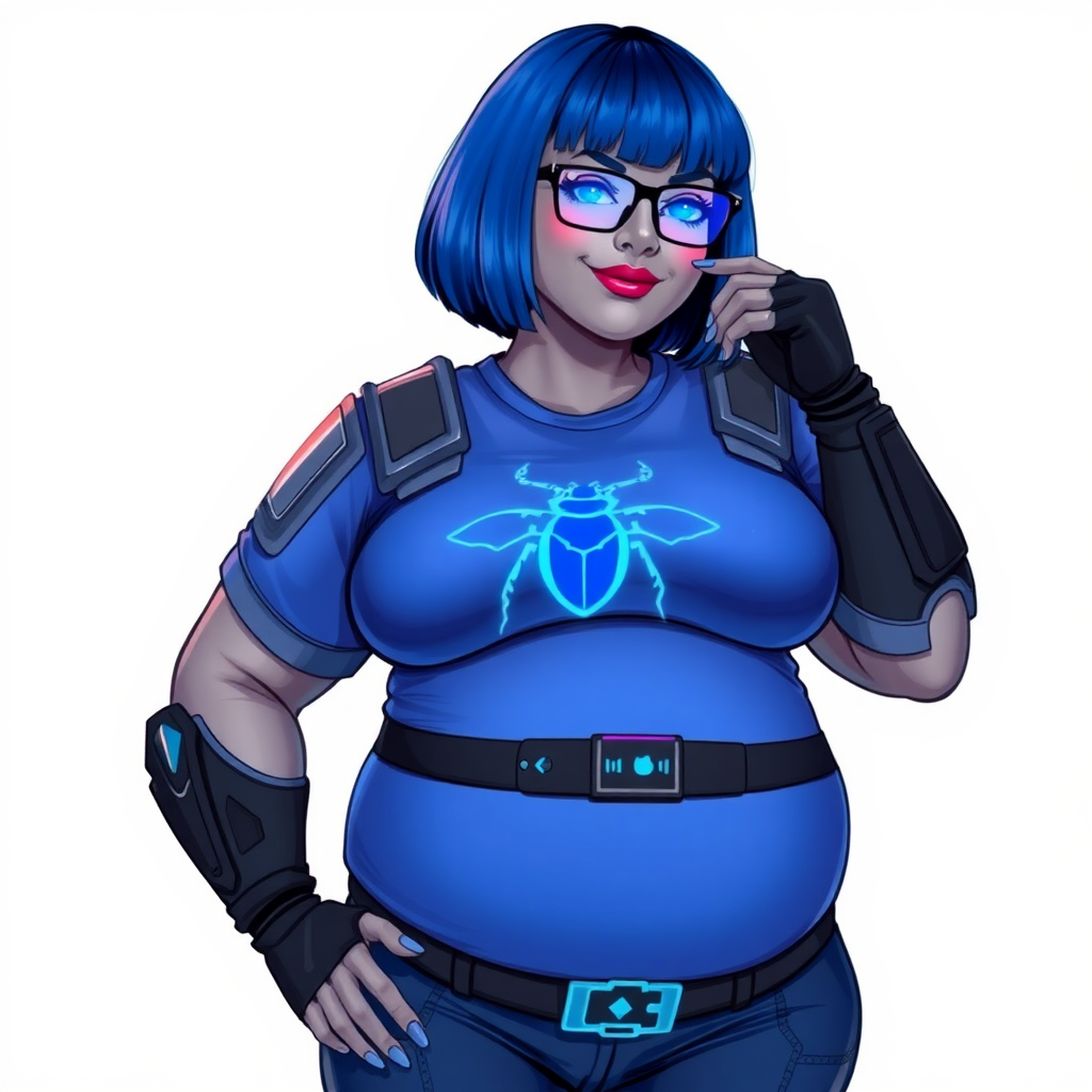 A 28-year-old, full-figured, metallic middle gray skinned computer program hybrid with a vibrant maximum blue bob cut. She has a non-athletic build, highlighted by a prominent, round, large midsection (fully emphasizing her round large belly) while being covered by her large t-shirt, reflecting her new junk food eating habits influenced by her boyfriend. As the full-figured, nerdy, digital sidekick to her cyberpunk vigilante boyfriend, her middle gray metallic skin and maximum blue lipstick underscore her digital essence. She dons a digital, computerized outfit: a large, tight-fitting, high-tech, maximum blue t-shirt with neon blue glowing beetle themed accents complete by a giant neon blue glowing beetle icon on the chest, hi-tech shoulder pads with neon blue accents, a black hi-tech belt with a digital sapphire beetle buckle, digital maximum blue pants with neon blue accents, and black hi-tech gloves with neon blue glowing accents. Her neon blue glowing eyes, black eyeglasses with neon blue lenses equipped with a built-in HUD, and shy smile with neon red blush highlight her nerdiness. She stands bashfully with one hand behind her back and the other gently touching her cheek, her outfit covering all her bare skin and fully emphasizing her full-figured physique (especially her large belly). She is clearly non-athletic, with a heavy focus on her full-figured physique (with full emphasis on her large belly). Despite her build, she radiates beauty. Her slim face contrasts with her physique, accentuating her radiant beauty. She is set against a solid white background. She is drawn as if she were in a retro 2D cyberpunk fighting game.