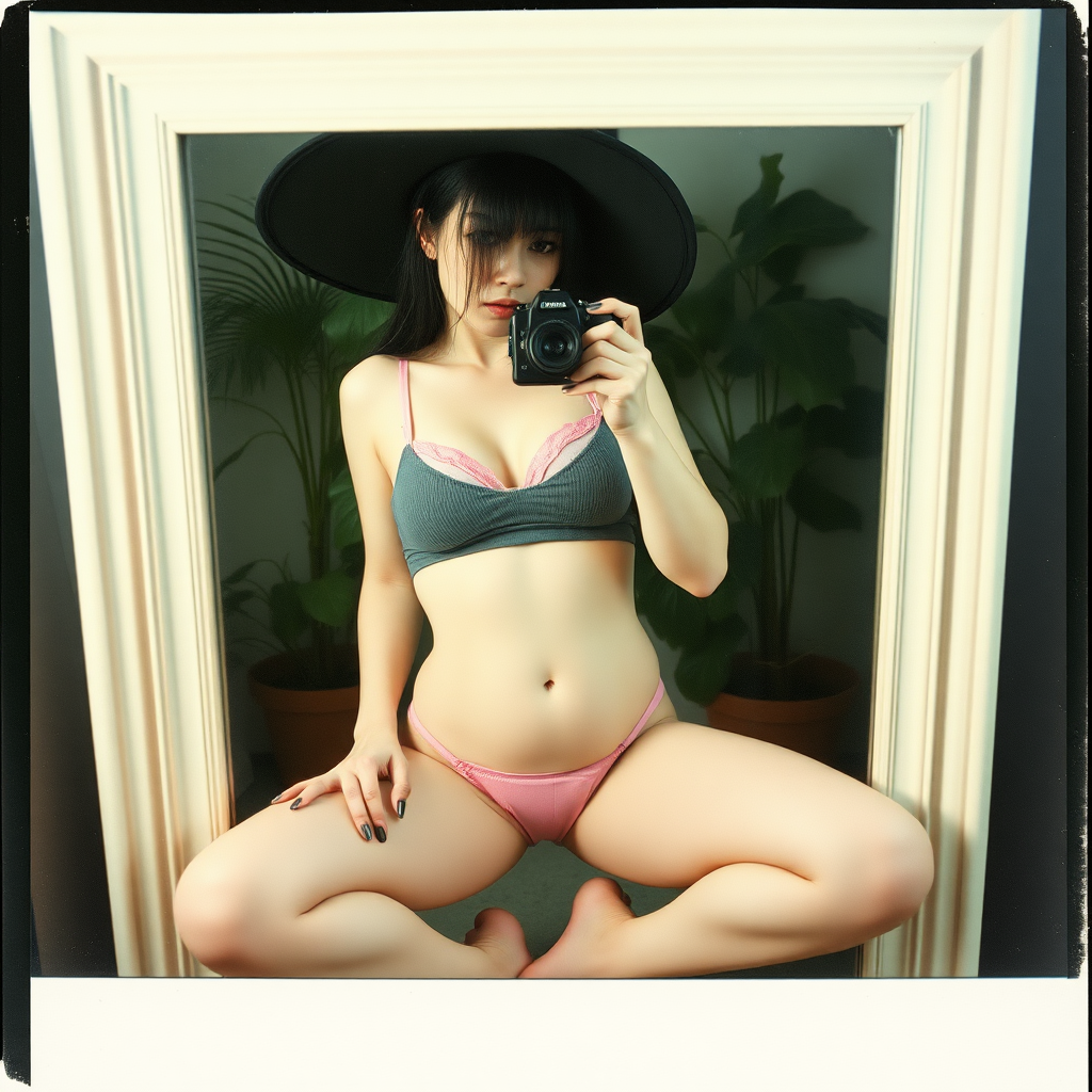 An old polaroid photo with a color tint to the photograph and visible light leaks. The photo depicts a reflection of a sexy alt goth girl with pale skin and black hair taking a self-portrait with an old film camera. She has a plump booty. Her mascara is running. She has large breasts almost visible within a tight-fitting gray tank top and she is wearing a skimpy g-string that leaves a gap between her pubic area and thigh. The fabric of her g-string is skimpy and pink and white and barely covers her, and her bra is translucent and pink and white. She is in a photography studio with artistic lighting, and plants are all around behind her. She is kneeling with her knees spread apart above a large mirror. Her underwear is wet. She is wearing a witch hat. Her tank top has a nipple bump.