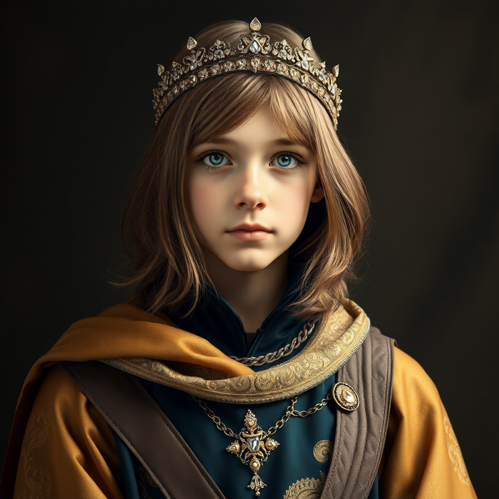 16yo teen boy prince, long bob cut, embroidered with gold and diamonds medieval cloths, diamond diadem and Beautiful War, natural Skin Texture, visualization of embossed Skin using the play of light and shadow. Free style by 50% Adolphe William Bouguereau, Academic realism and 15% Sandro Botticelli, early Renaissance and 35% Otto Lomüller, Boy Scout photorealism. The background is in the style of landscape style by Antonio del Polaiolo. Studio lighting, professional lighting. Generating the signature at the bottom: FluxBach. ultra high resolution, 16K,