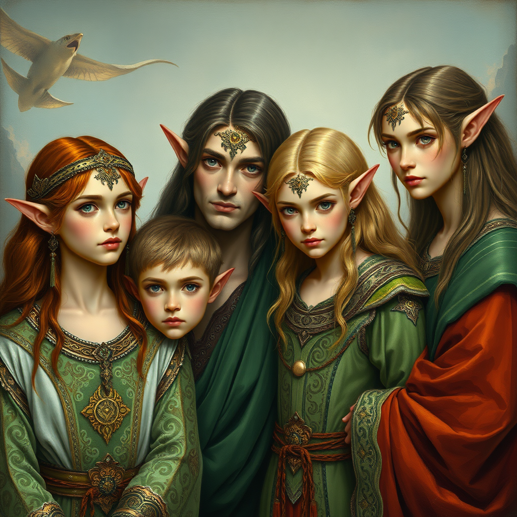 A painting depicting a couple of elves with their two sons, all in beautiful elven garments with intricate patterns. photorealistic, ultra high resolution, 16K