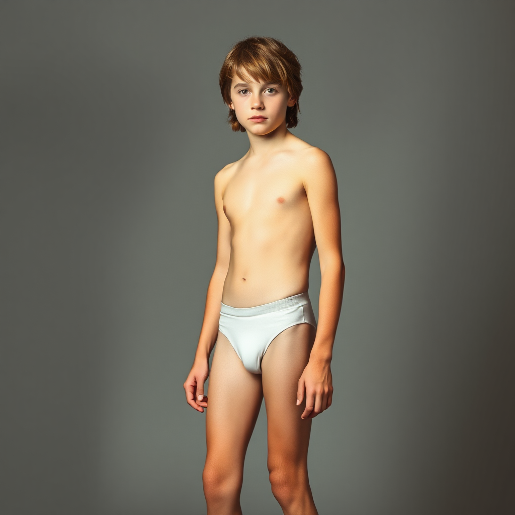 A skinny 14yo teen boy, long hairs bow cut, wearing tight narrow speedo, long legs, narrow thighs. full-length view. 1980s. photorealistic, ultra high resolution, 16K, Negative: grainy, blurry, bad anatomy, extra limbs, watermark.