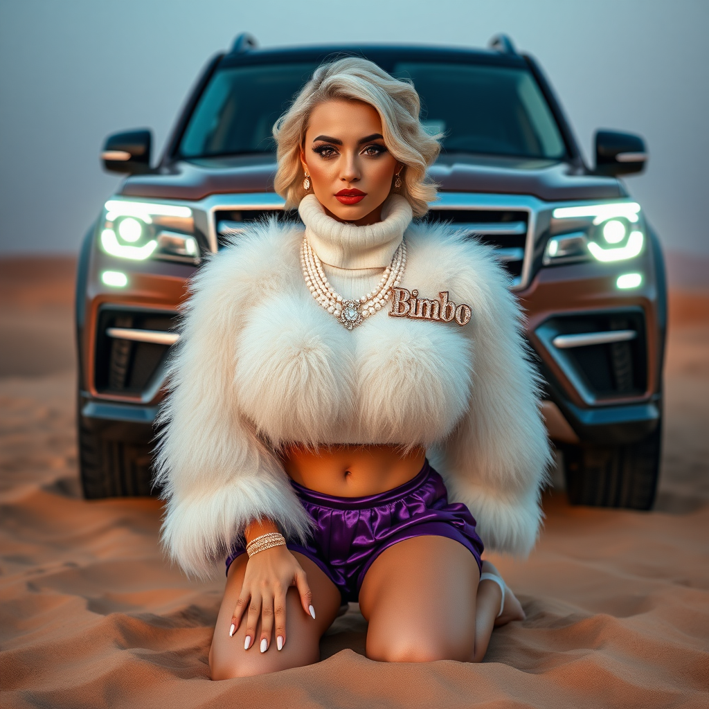 Kuwait desert dunes misty dawn, full size luxury SUV: Melissa, European 17 years old very convincing femboy “trophy-bimbo”, tamed servile docile, very beautiful feminine flawless face, rather short, by hormones very curvaceous womanly figured, platinum blond short tight curls, bold red lips, long white French nails, heavily made-up face, wearing Supertanya-style fluffy very fuzzy bright white angora turtleneck-poncho cropped ending under bust decorated with pearls and glass stones, very tight purple vinyl mini pleated skirt, white pearl belly piercing, full Oriental bridal jewelry including headpiece, coin wristlets, coin anklets, striking diamond “Bimbo” letter brooch on left chest, pout frustrated, kneeling in sand in front of SUV, looking at camera. Focus on face and turtleneck-poncho.