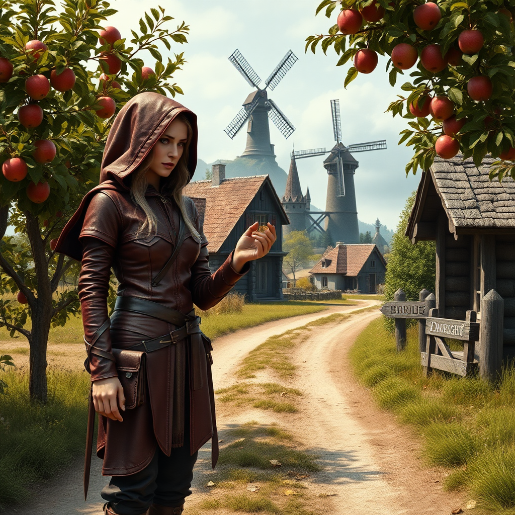 A wide distance shot of a pretty female adventurer in subtle red leather clothing with a hood, standing next to a thin, short, frail clean-shaven old farmer wearing rags and who looks ill. She is holding a gold ring towards him but he waves it away. Apple trees surround a pastoral fantasy house near a road to "Dunright". A fantasy village and mage tower with windmill in the distance.