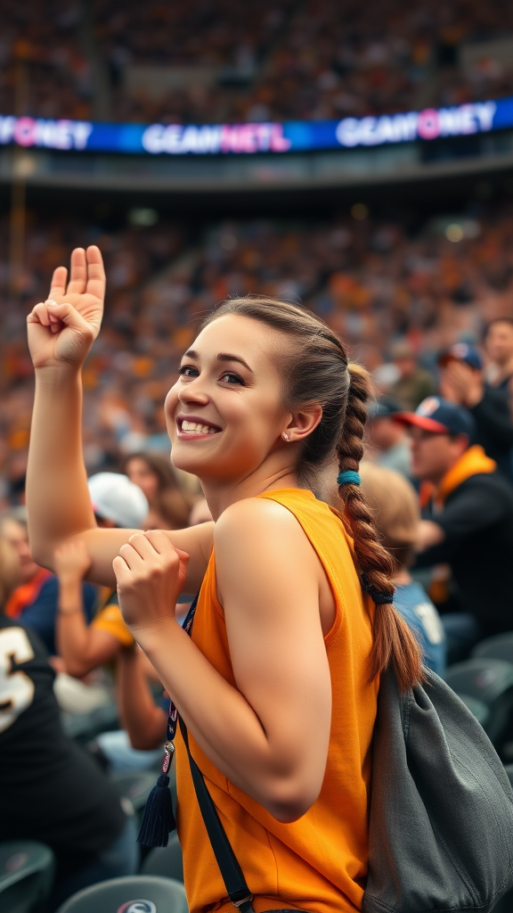 Attractive female NFL fan, pigtail hair, cheering, at crowded stadium bleacher row, rejoicing