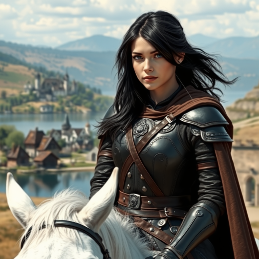 beautiful young woman, dark hair, past her shoulders, blue eyes, small, slim figure, wearing full leather armor suit, long cloak, on a white horse with a large open scenery and beautiful medieval village on a lake.