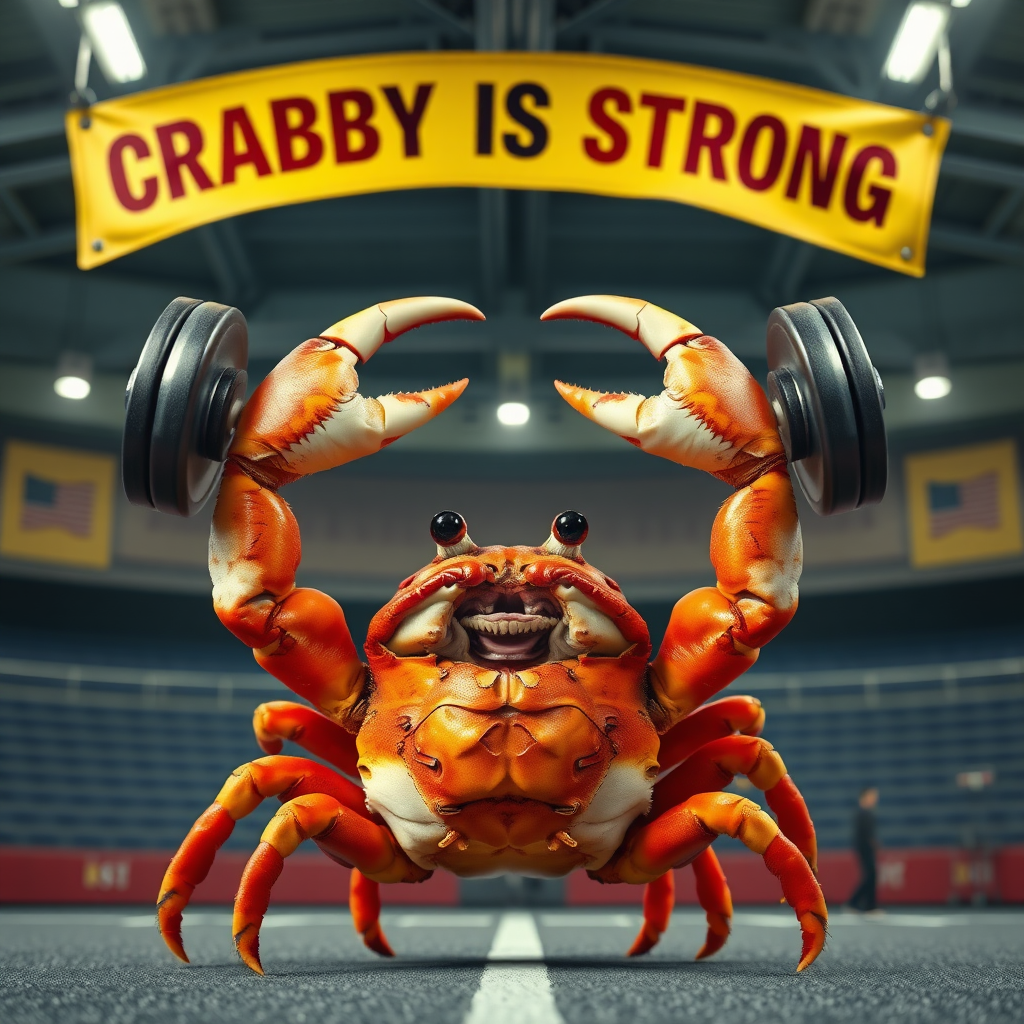 A photo realistic crab lifting weights over his head with his claws in a sport arena with a banner overhead that says "Crabby is Strong"