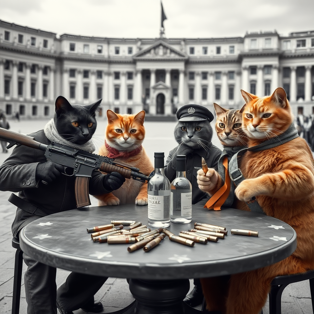 4 cat-men in a large square, a dark-skinned one holding an AK-47, an orange one wearing a Russian military cap, a dark brown one and a light brown one, communist from the USSR with vodka, around a table with bullet casings on it (black and white photo style).