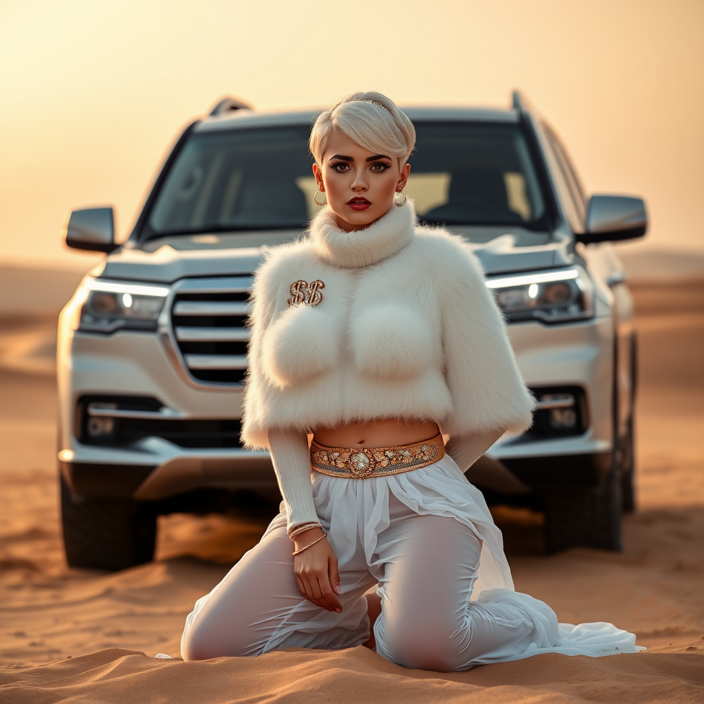 Kuwait desert dunes misty dawn, full size luxury SUV: Melissa, European 17 years old very convincing femboy “trophy-bimbo”, tamed servile docile, very beautiful feminine flawless face, rather short, by hormones very curvaceous womanly figured, platinum blond short tight curls, bold red lips, heavily made-up face, wearing Supertanya-style fluffy very fuzzy bright white angora turtleneck-poncho cropped ending under bust decorated with pearls and gemstones, striking oriental wide gold bridal protection belt, white fully transparent harem pants, full Oriental bridal jewelry including headpiece, nose-ring, coin anklets, striking diamond “$$$” letter brooch on left chest, pout frustrated, hands tied behind back, kneeling in sand in front of SUV, looking at camera. Focus on face and turtleneck-poncho.